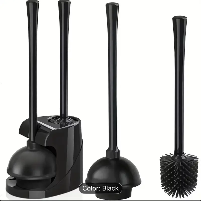 Freestanding Bathroom Cleaning Tool Kit 2 in 1 Toilet Brush Long Handle Plunger Set Durable Black Plastic Rotating Head