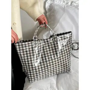 Trendy Check Print Women's Tote Bag Spacious Canvas Shopper with Monogram Detachable Strap Casual Office Travel Purse