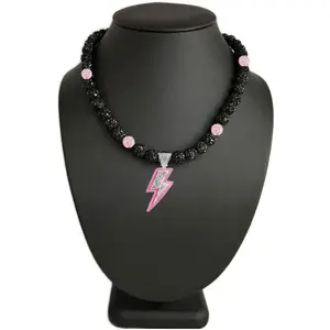 Iced Bling Disco Ball Rhinestone Crystal Bead Baseball Softball Necklace Black Pink Lightning II