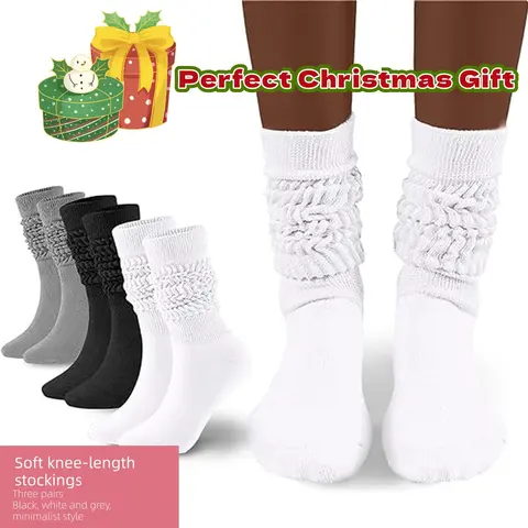 Women's 3 Pairs Solid Calf Slouch Hosiery - Casual, Soft, Comfortable, Breathable Basic Scrunch Style, Minimalist Chic Cute Knee-High, All Seasons Daily Wear, Socks for Women, Gift Option