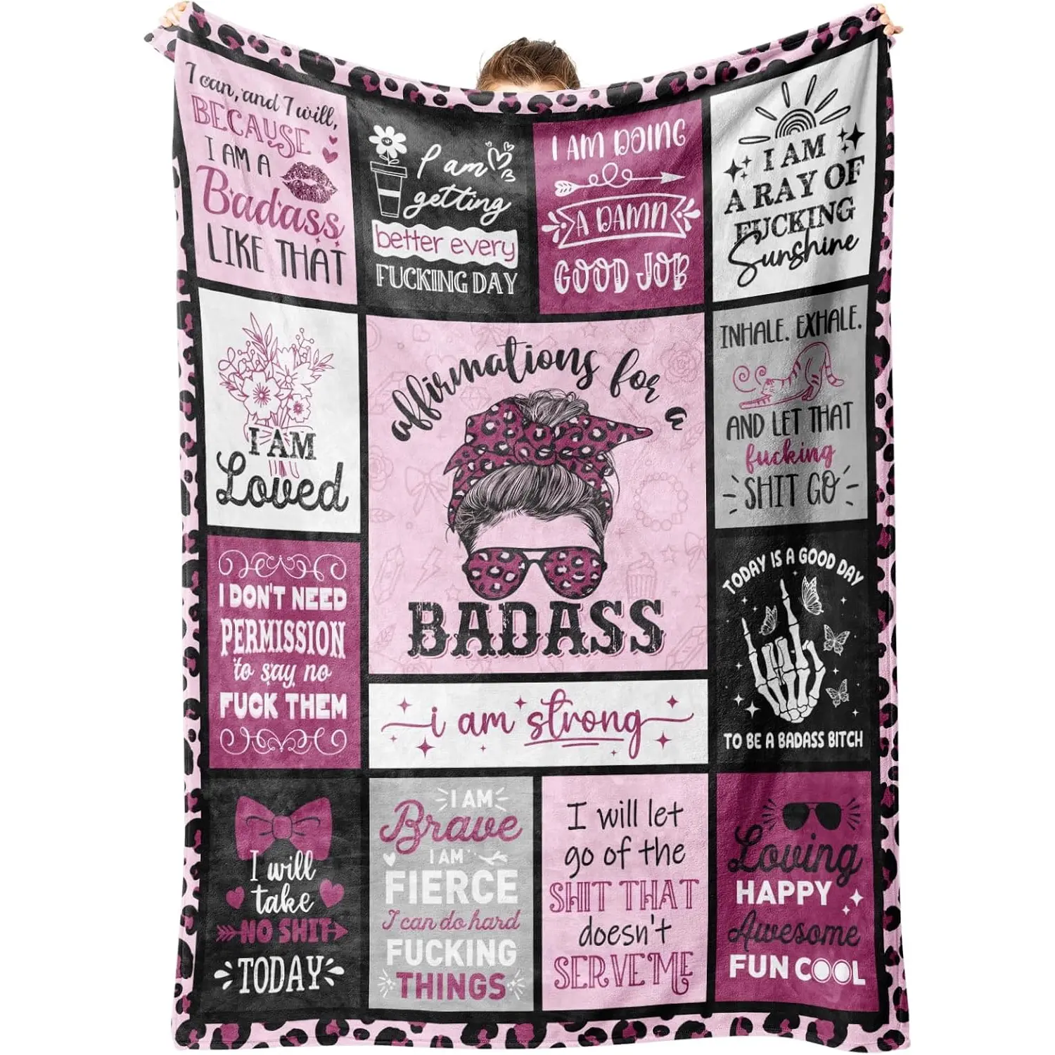 Birthday Gifts for Women- Affirmations for a Badass Blanket, Daily Motivational/Inspirational/Self Care Gifts for Women, Cool Practical Badass Affirmations Blanket for Napping Travel Bed, Printed on One Side with a Plain White Back, Halloween Thanksgiving