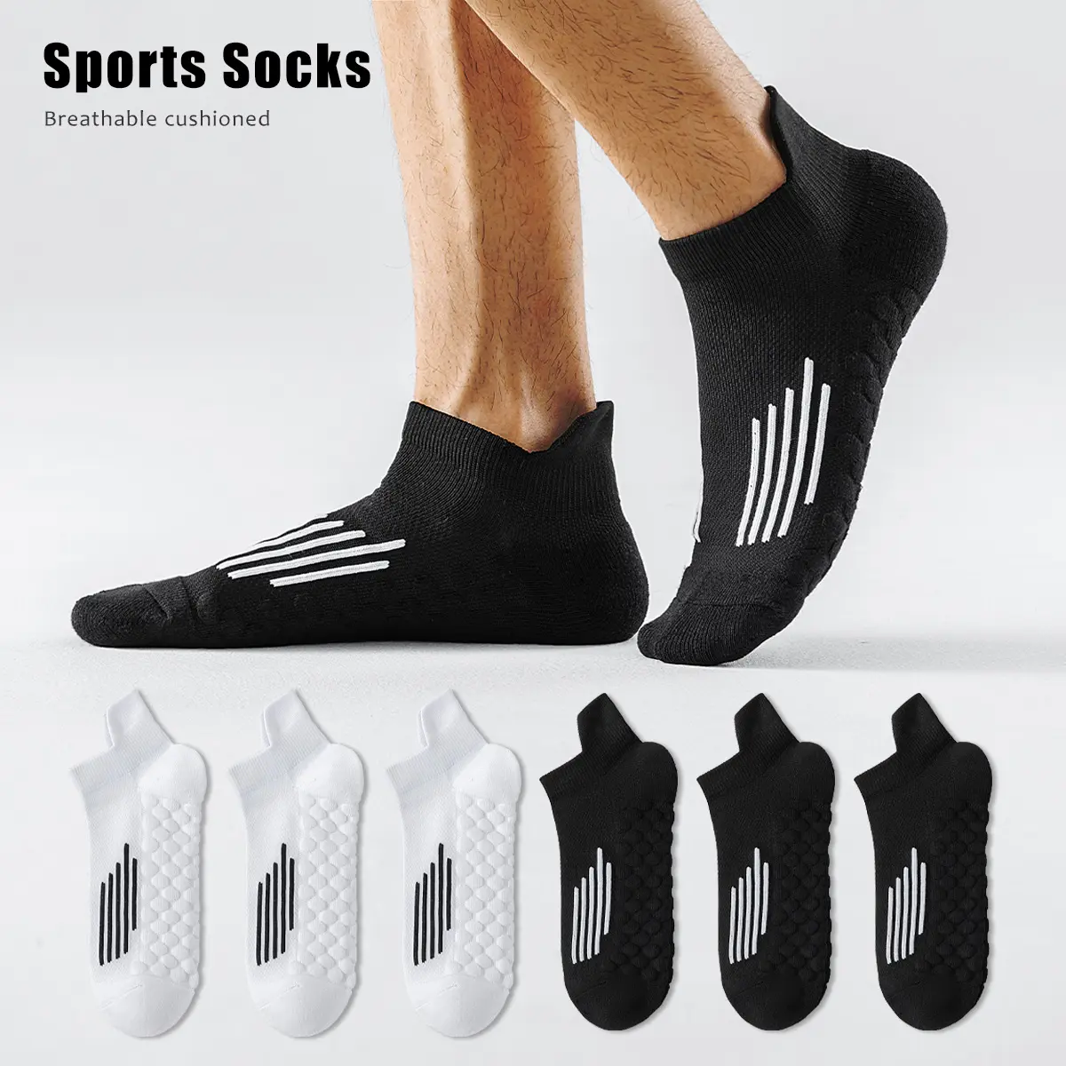Men's 6-Pair Ankle Running Socks, Cushioned Cotton Athletic Sportswear with Compression, Breathable and Anti-Slip