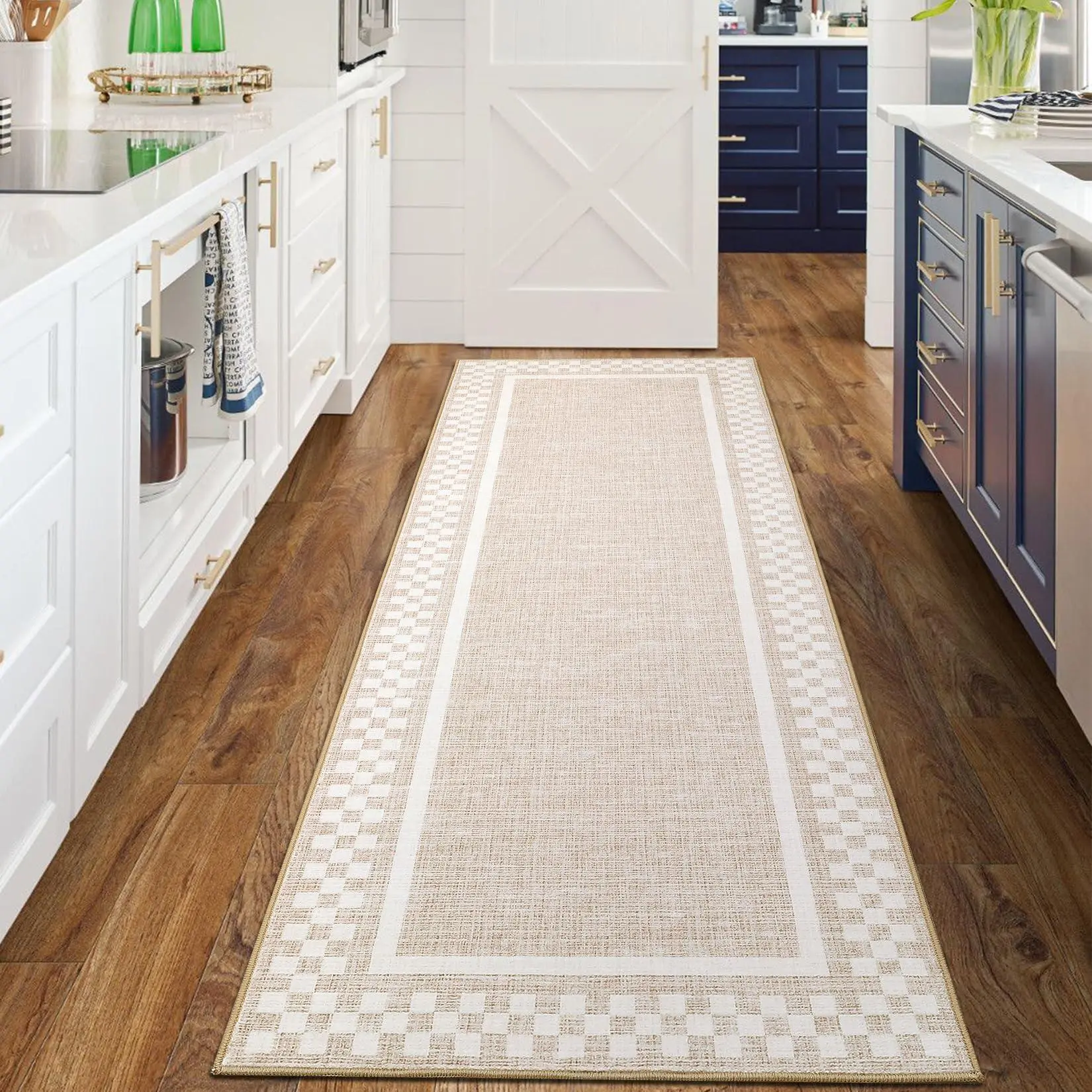 GARVEE 2x6 Washable Faux Wool Runner Rug - Solid Bordered, Non-Slip, Non-Shedding, Soft Contemporary Checkered Rug for Bathroom, Entryway Decor, Kitchen
