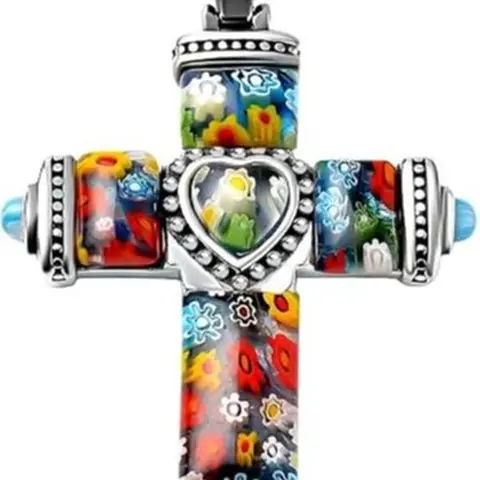 Multi Color Murano Style Cross Pendant Necklace 20 inch in Black Oxidized Stainless Steel