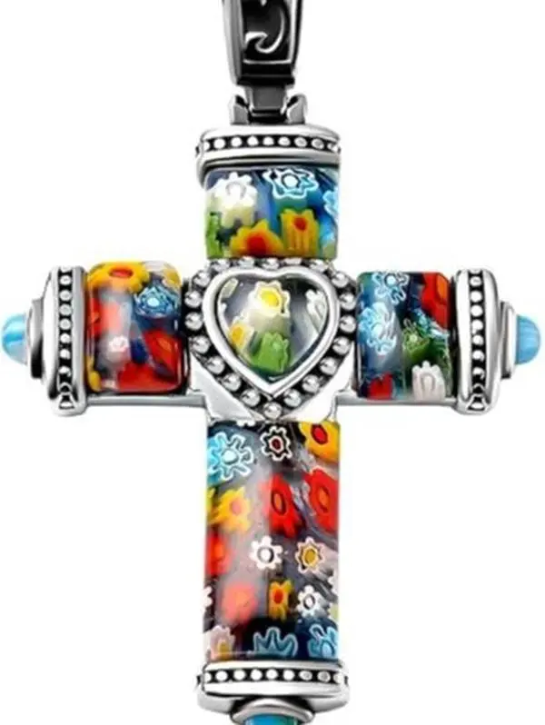 Colorful Rainbow Cross Necklace for Women Men Black Oxidsized Murano Style Millefiori Glass Flower Stainless Steel Chain Size 20" Catholic Faith Christian Jewelry Religious Christmas Gifts