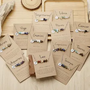 12 Constellation Natural Stone Choker - Healing Crystal Necklace With Wish Cards (Birthday Gift For Women & Girls)
