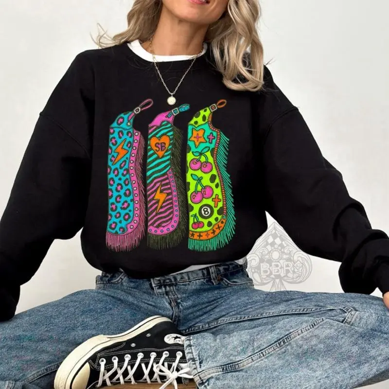 Western Cowboy Neon Eightball Chaps Graphic Crewneck & Tee, Crewneck and Hoodie, Western cowboy Graphic Hoodie, Trending western Graphic Hoodie, Western Boutique, Handmade, Plus size available WIO