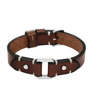 Fossil Men's Machine Rugged Stainless Steel and Brown Leather Strap Bracelet