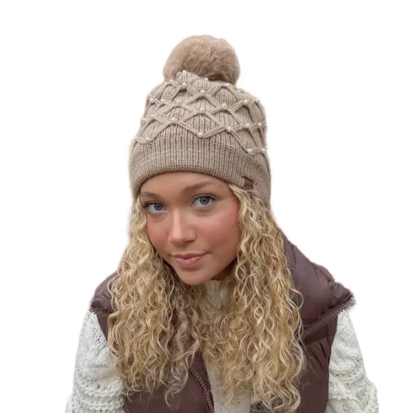 All Pearls Crochet CC Pom Beanie: Camel