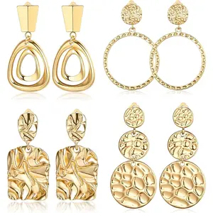 FLORIDECO 4 Pairs Clip On Earrings for Women Dangle Statement Earrings Rectangle Tassel Teardrop Square Golden Metal Geometric Clip-on Earrings Non Piercing Drop Pendant Earrings Earcuff Diy Jewelry Accessories Ear Hook Design Adjustable Ear Hooks