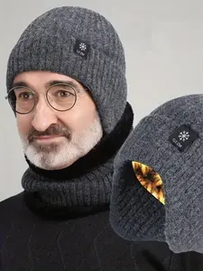 Men's Winter Warm Knit Hats with Fleece Lining & Ear Protection, Thick Insulated Headwear for Elderly, Outdoor Cycling Running Gift