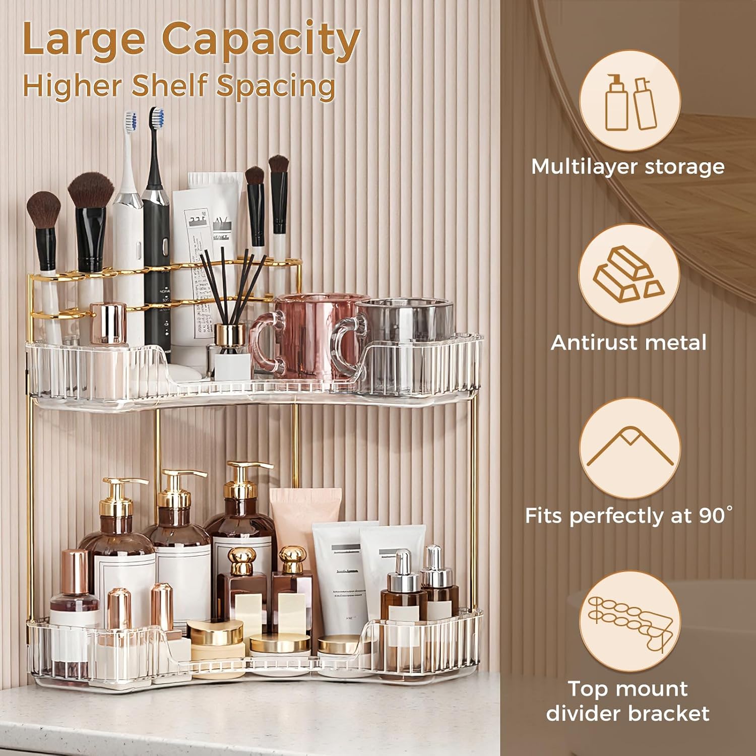 2-Tiers Corner Bathroom Counter Organizer, Clear Countertop Shelf Storage Rack, Cosmetic Perfume Tray Standing Holder with Gold Metal Pole, Skincare Sink Organizer for Vanity Kitchen Transparent Smooth outdoorfun