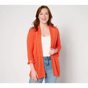 Denim & Co. Open Front 3/4 Sleeve Cardigan with Fringe/Crochet