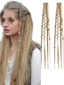 2-Pack Clip-In Bohemian Box Braids Beaded Hair Extensions, 20-Inch Synthetic Braids Synthetic Braiding Hair, Medium/light Gold, Role Play, Daily Wear, Handmade