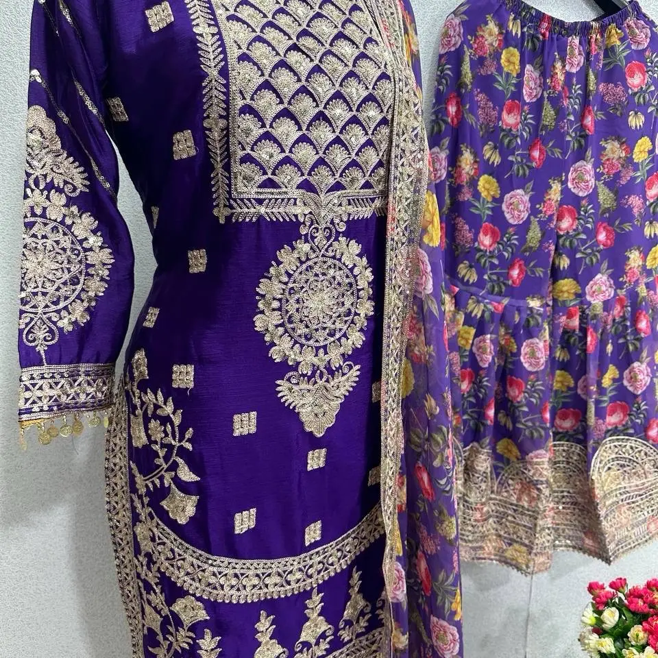 NEW INDIAN DESIGNER LOOK TOP & PALAZZO WITH STYLISH DUPATTA FOR  RECEPTION WEAR
