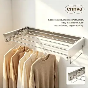 Wall-mounted clothes drying rack, foldable clothes rack, foldable hanger, with 2 towel racks and wall template, suitable for hanging clothes indoors and outdoors, 5 rods