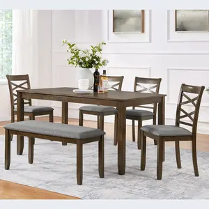 6-Piece Dining Table Set with Bench and 4 Chairs. Elegant Wooden Dining Table Set for 6 People, Rectangular Dining Table Set for Living Room, Kitchen and Dining Room, Walnut