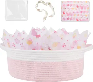 Gift Basket Empty with Handle, 12"x 8"x 5" Small Easter Basket with Gift Bag, Ribbon and Wrap Tissue Paper, Dog Toy Storage for Organizing - Easter Pink