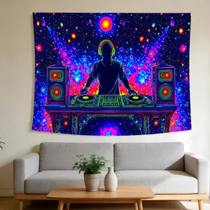 DJ Psychedelic Nightglow Tapestry - UV Blacklight Wall Hanging Cosmic Nebula Vibrant Trippy Style Suitable for Home Decor Valentine's Day Easter St.Patrick's Day Halloween Christmas and Other Festival Decorations.