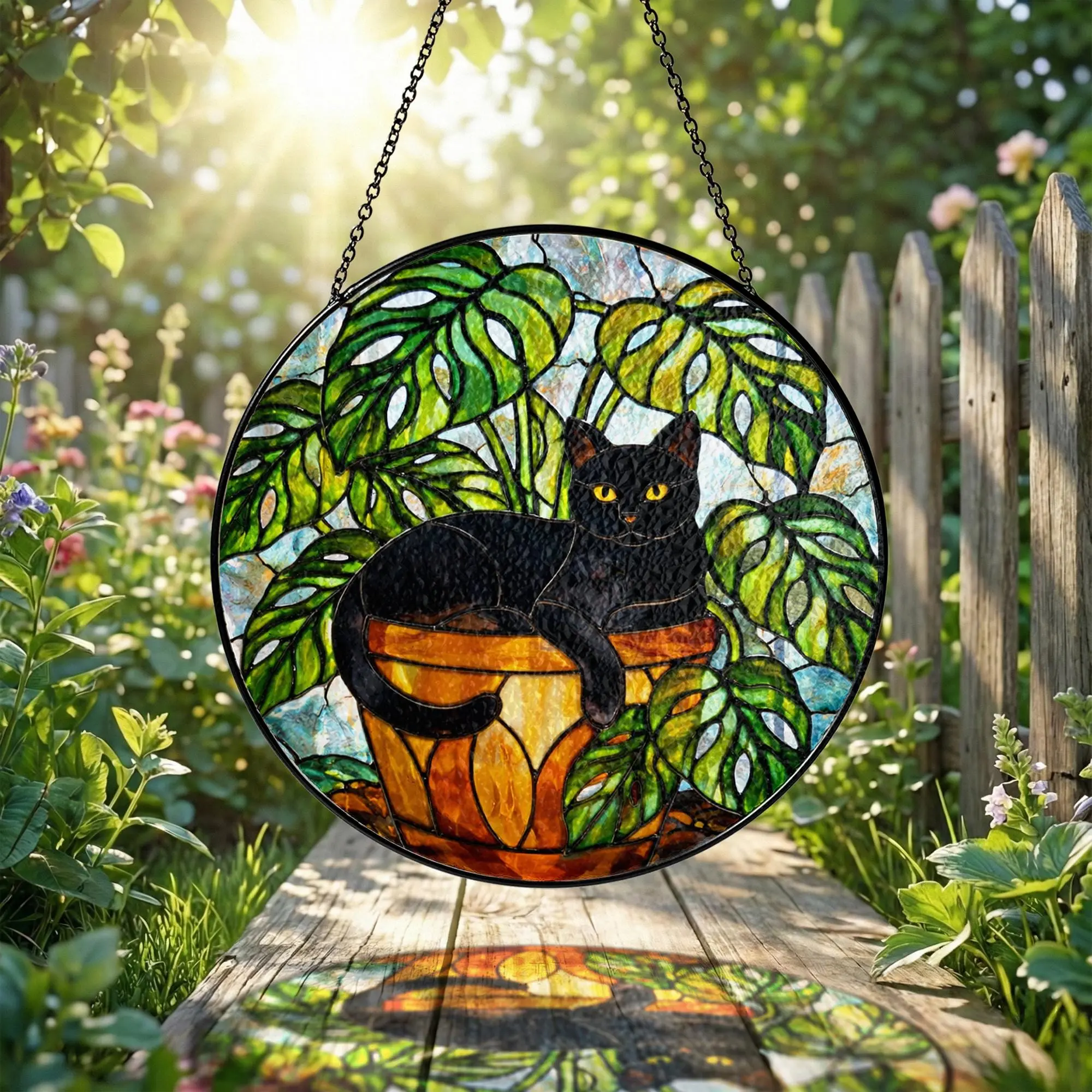 [Made in US] Personalized Black Cat Suncatcher Stained Glass, Monstera Plant Window Hanging, Cat Mom Gift, Botanical Garden Wall Art, Boho Home Decor