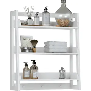 Bathroom Wall Shelf, 3-Tier Over Toilet Storage Shelf Organizer, Wall Mount Shelf Rack with Hook, White