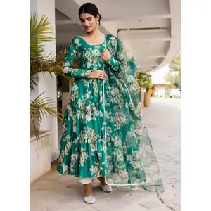 Bottle Green Floral Printed Anarkali