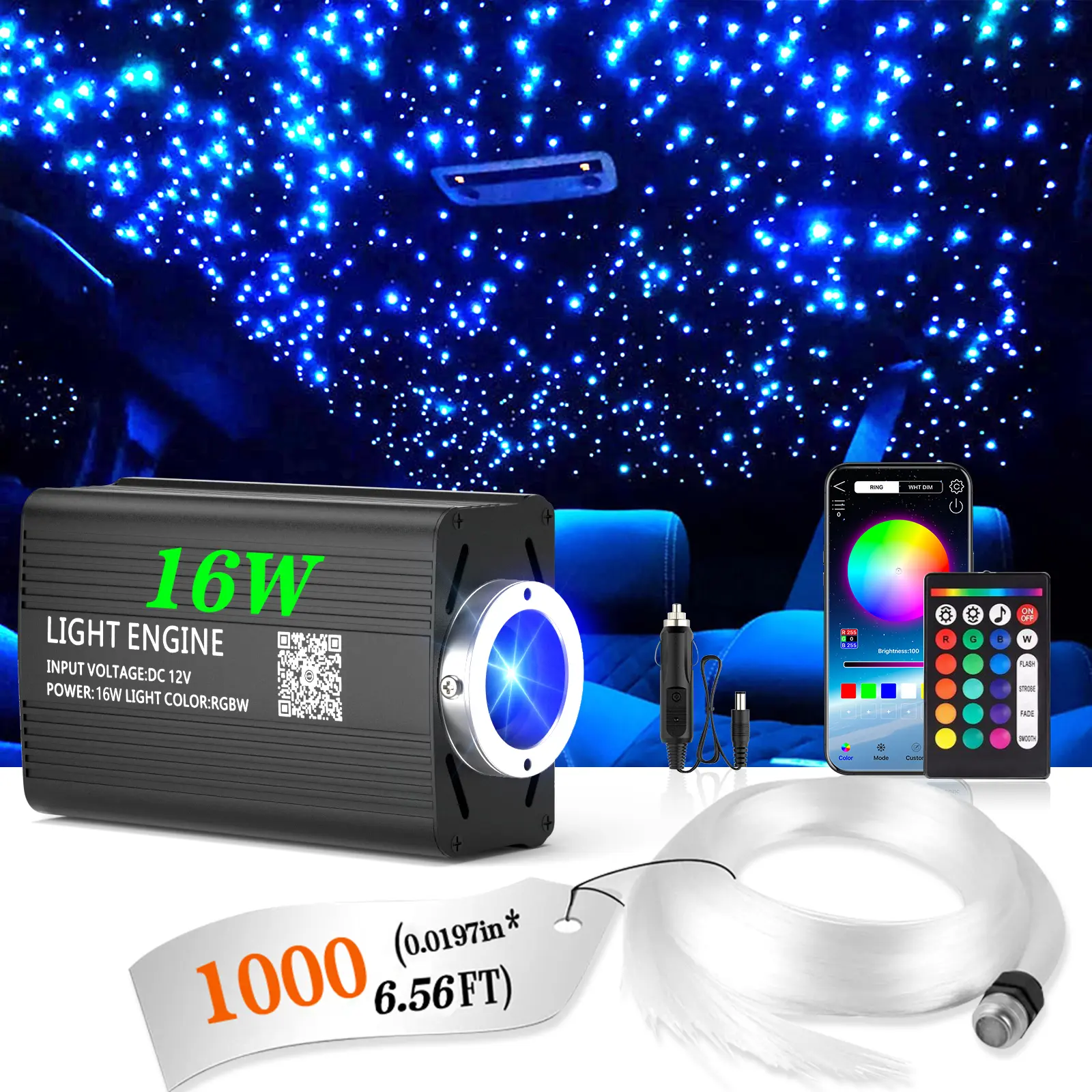 1000pcs 0.02in 6.5ft Fiber Optic Starlight Headliner Roof Kit, Car Decorative Light with RGB LED, App+24-Key Remote Control Color Changing, 15 Static Colors, Fade/Jump/Spark Modes, Adjustable Brightness & Speed, Automotive Atmosphere Accessory