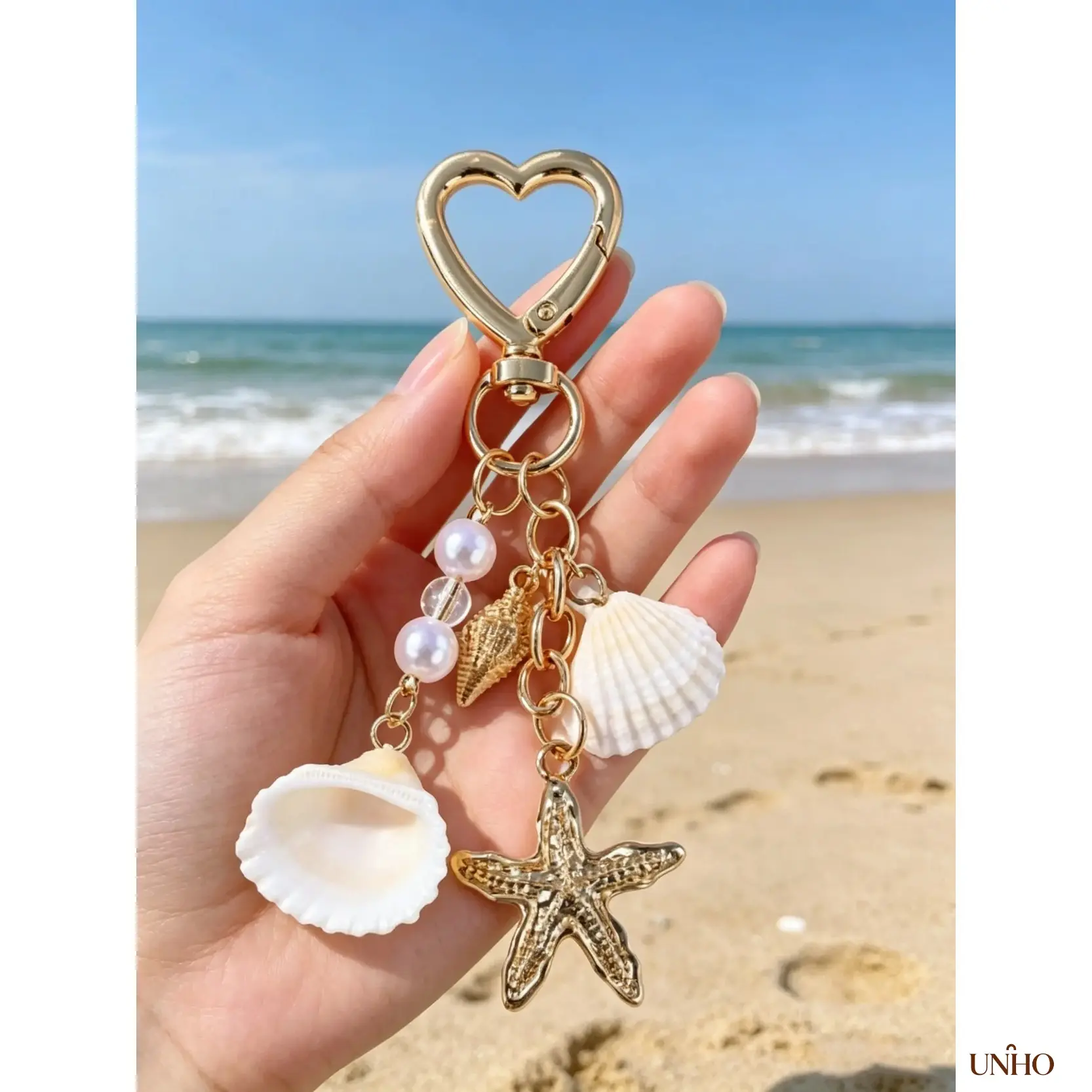 Summer Beach Starfish Seashell Pearl Heart Key Ring Bag Charm For Women, Playful Casual Fashion Pendant, Multi Use Purse Accessory For Handbags And Cute Birthday Festival Easter Egg Filler Gift