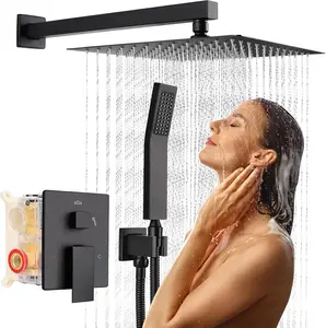 10 Inch Rainfall Shower System - Wall Mounted Complete Combo with Solid Brass  Balancing Valve, High  Shower , Handle Set & Installation Accessories Matte Black