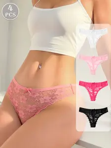 HOTCOM 4-Pack Women's Seamless Lace Floral Bow Design Triangle Panties, Soft Breathable Comfortable Daily Wear, All-Seasons Ladies' Underwear Lingerie