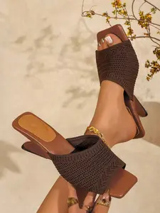 Women's Knit Stretchy Square Toe Flared Heel Mule Sandals, Open Toe Slip-On Mid Heel Shoes, Casual Footwear for Beach, Vacation, Daily Wear