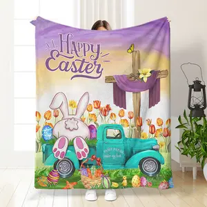 Rabbit Truck Flannel Throw Blanket, Easter Blanket, Easter Decoration, Farmhouse Home Decor, Cozy and Soft, Perfect for Spring