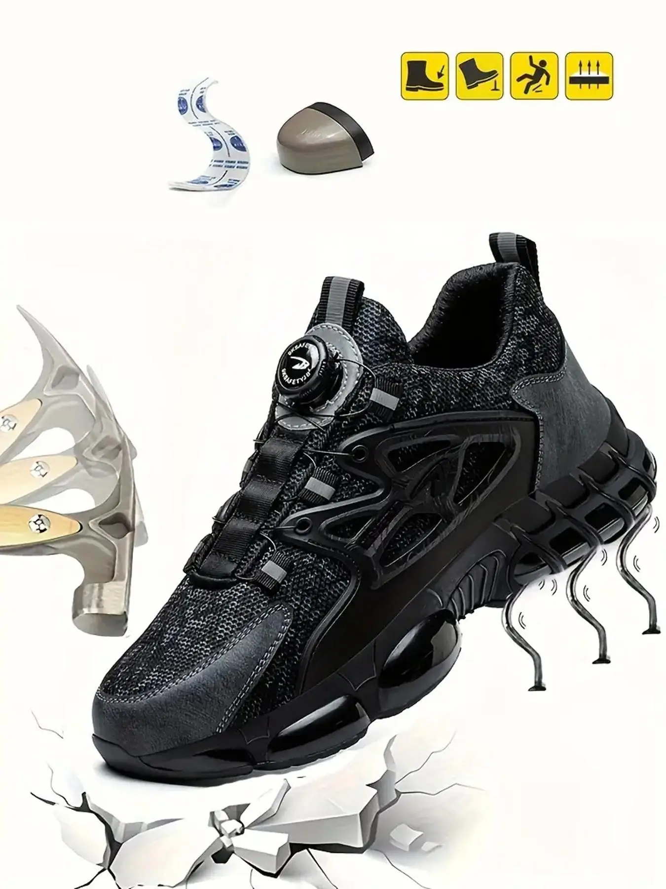 Men's Sporty Lace Up Automatic Buckle Free Safety Shoes, Casual Comfortable Breathable Anti-smash Anti-puncture Work Shoes, Fashionable Walking Shoes