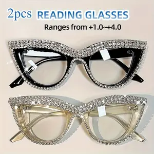 2 pairs of women's cat-eye blue light blocking reading glasses, diamond-embellished PC frame - non-prescription magnifying glasses with blue light filter suitable for computers, tablets, smartphones, and Kindles - an ideal gift for book lovers
