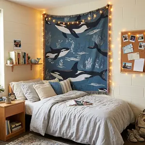 Coastal Whale Blanket – Boho Woven Throw with Tassels, Thick Soft Cozy Blanket, Aesthetic Home Decor Gift