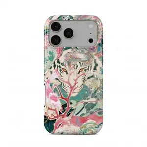 Japanese White Tiger with Antlers & Koi Fish iPhone Case, White Tiger and Pastel Spirit Animal Art, Durable Protective Cover