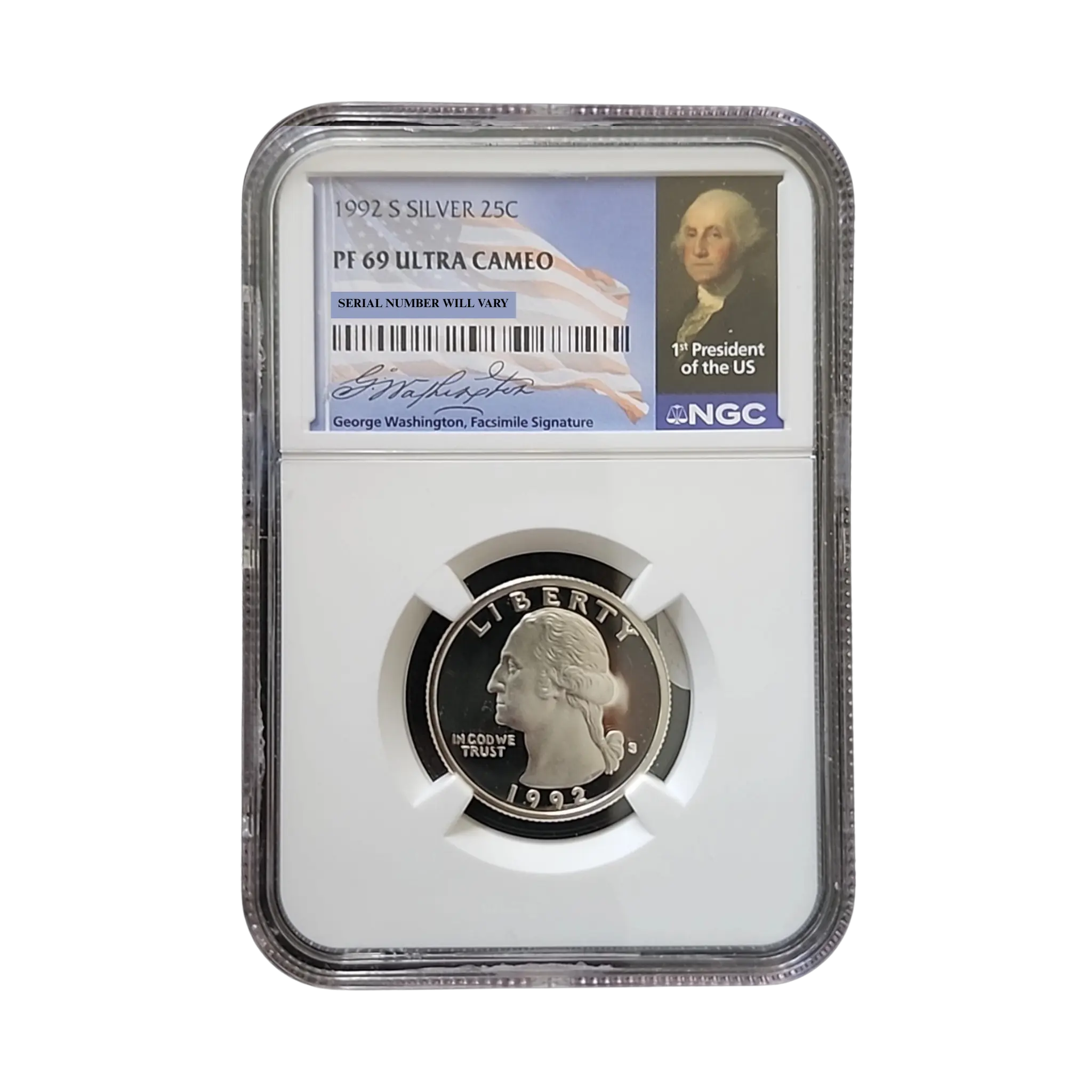 1992-S Washington Silver Quarter - NGC PF69UCAM Washington Signature Flag Label