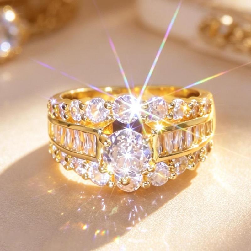Women's 1-Pc Gold-Toned Sparkling Statement Ring - Wide Band with Round & Baguette Fantasy Mosaic, Bright Center Stone, Low-Allergen Semicycle Micro Pave Inlay, Stackable Wedding Promise Ring for Girlfriend, Ideal for Everyday Wear & Marriage Banquet