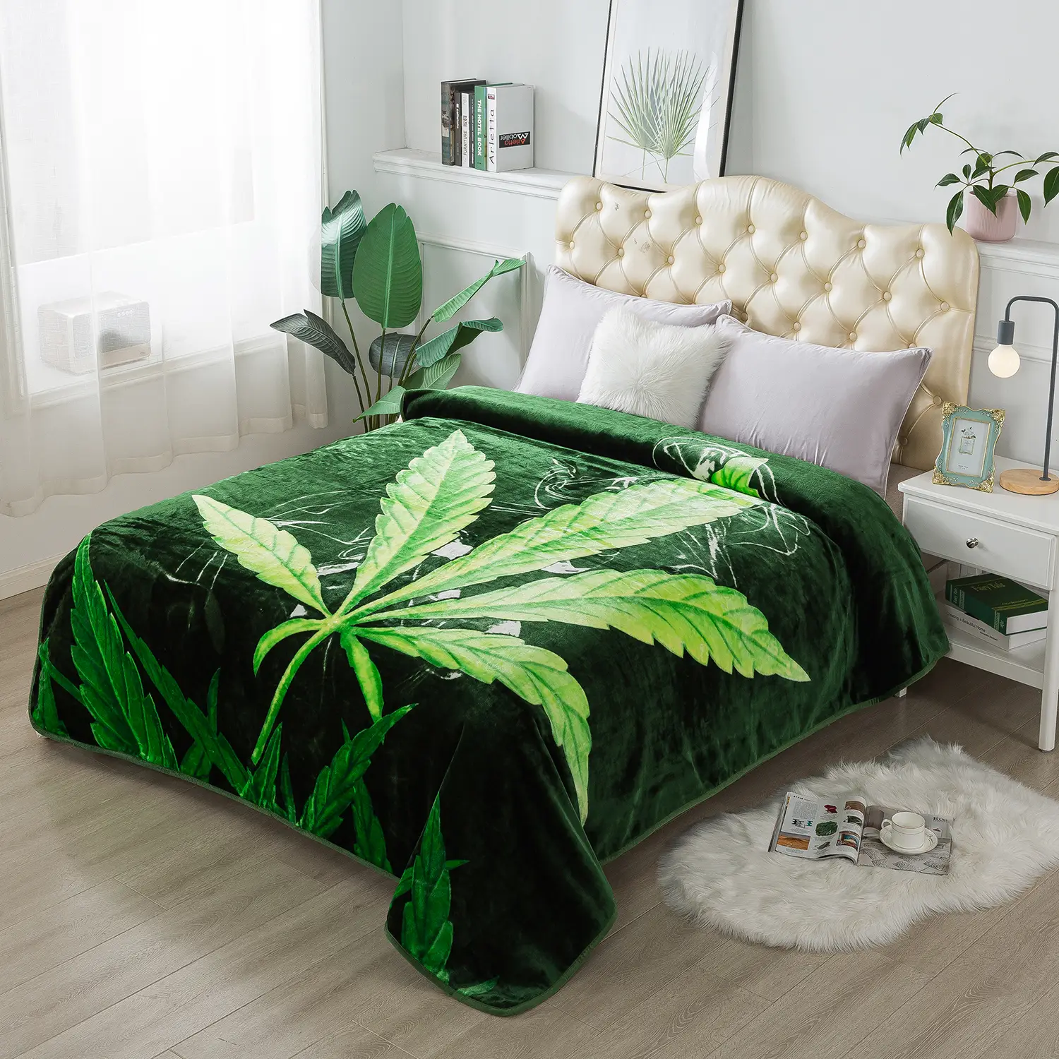 Fleece Soft Blanket 91" x 75" 1 Ply Warm Lightweight Bed Blanket - Pattern Printed Green Leaf Design Microfiber Polyester Machine Washable