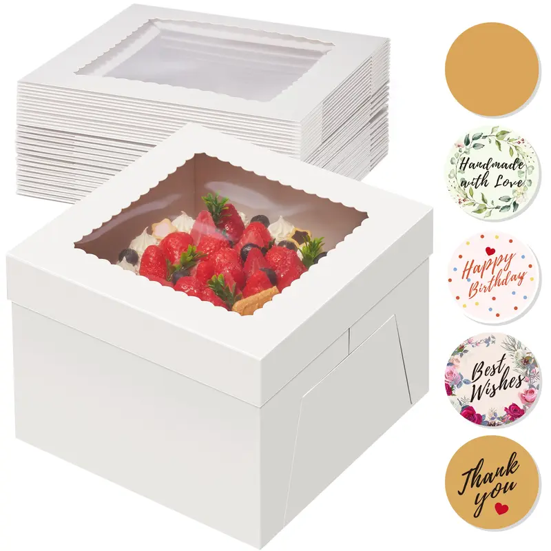 Kootek Bakeware 15-Pack Durable Classic White Square Pre-Folded Cardboard Cake Boxes, 12x12x8in Tall Bakery Boxes with Transparent Window, 10" Cake Fits, for Baby Shower, Christmas Baking Supplies