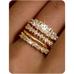 14K Gold Plated Stackable Rings for Women Non Tarnish - Dainty Cubic Zirconia Wedding Bands Ring Set Minimalist Trendy Statement Engagement Promise Thumb Rings Stacking Size 5-10-USA
