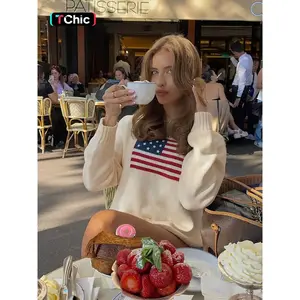 Women's Round Neck American Flag Star Letter Embroidered Cute Casual Loose Fit Fashion Sweater Top, Long Sleeve, All Seasons