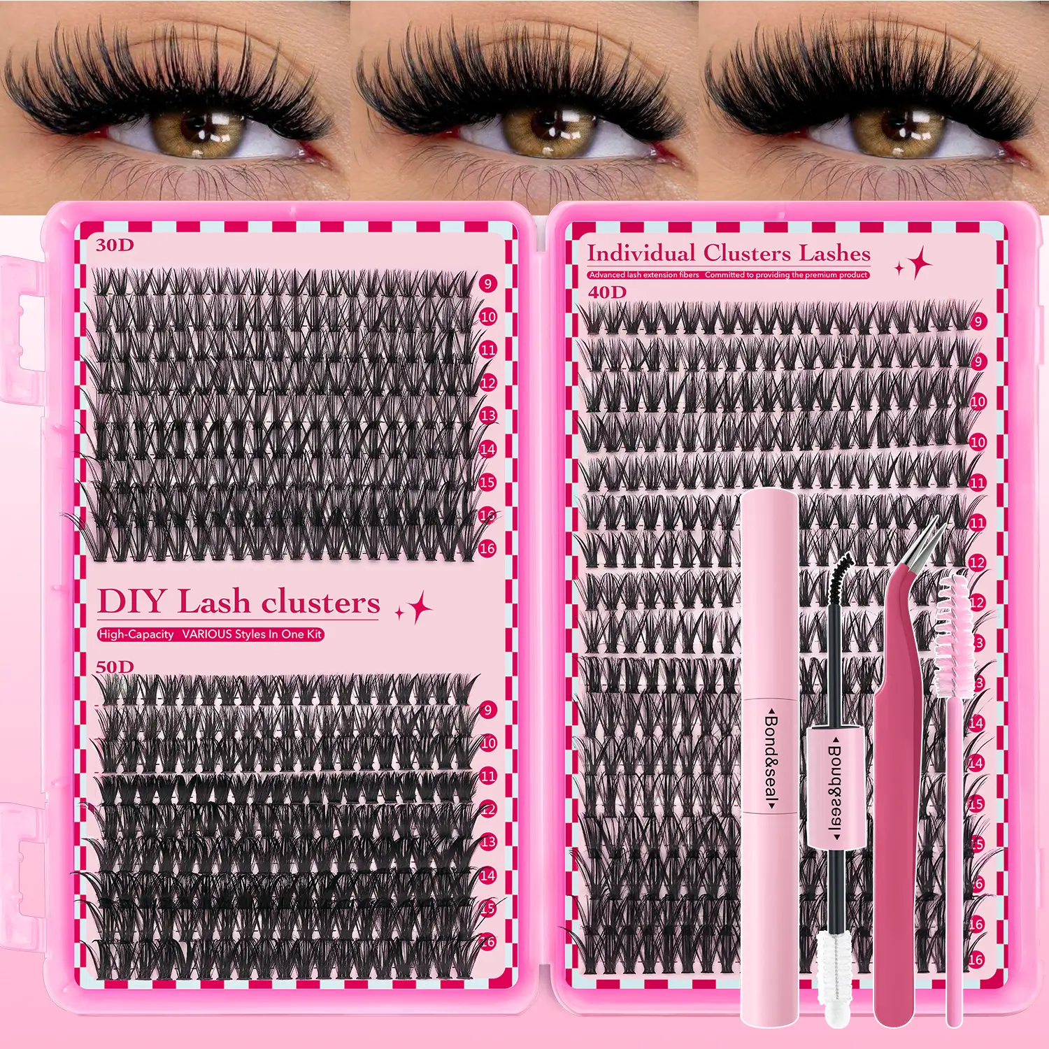 640pcs Individual Lashes Clusters with Glue & Tweezers | 3D Volume & Natural Waterproof DIY False Eyelashes Kit, 9-16mm Mixed Lengths Wispy Fluffy D Curl Clusters Lash Extensions Set for Beginners