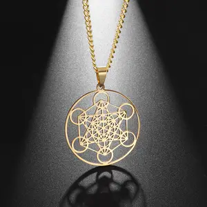 YILUOCD Vintage Metatron Cube Necklace 18k Gold Color Plated Sacred Geometry Powerful Protection Amulet Solomon Spiritual Jewelry