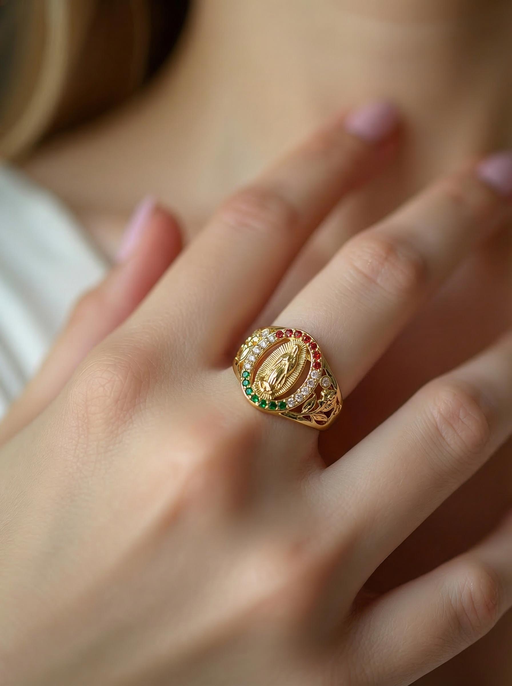 Our Lady of Guadalupe Color Zircon Ring, Vintage Gold Plated Hollow Carved Ring, Religious Prayer Jewelry, Gift for Elderly & Church Members