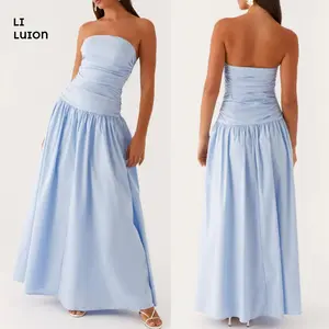 Women Summer Tube Long Dress Ruched Boat Neck Backless Sleeveless Strapless Flowy Dresses  Casual Comfort Fashion Womenswear