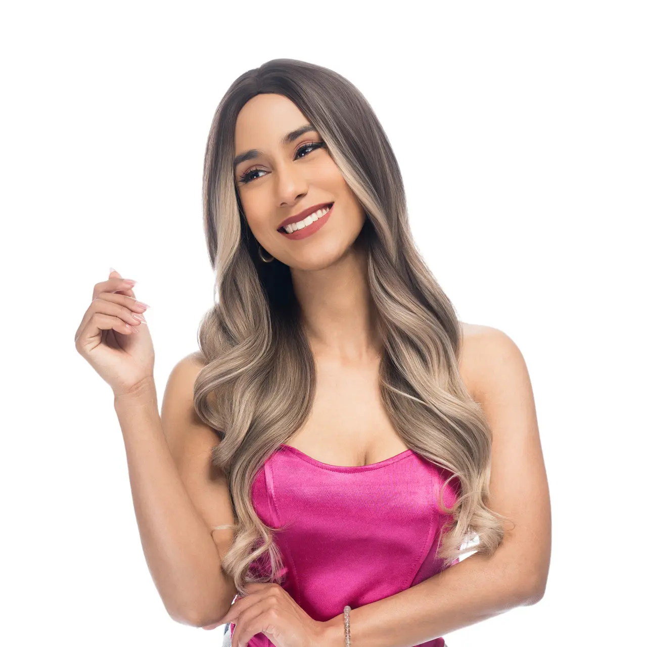 Lady Grayy 24-Inch Wavy Synthetic Wig, Chocolate Brown Ombré with Blonde Frontlights, Pre-styled for a Realistic Look, Heat Resistant, Cap Included