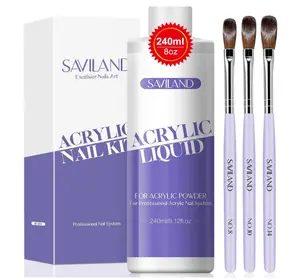 SAVILAND Monomer Acrylic Nail Liquid – 8.11fl.oz Acrylic Liquid with 3PCS Brushes Size（8/10/14) Non-Yellowing Monomer for DIY Home Nail Salon Use