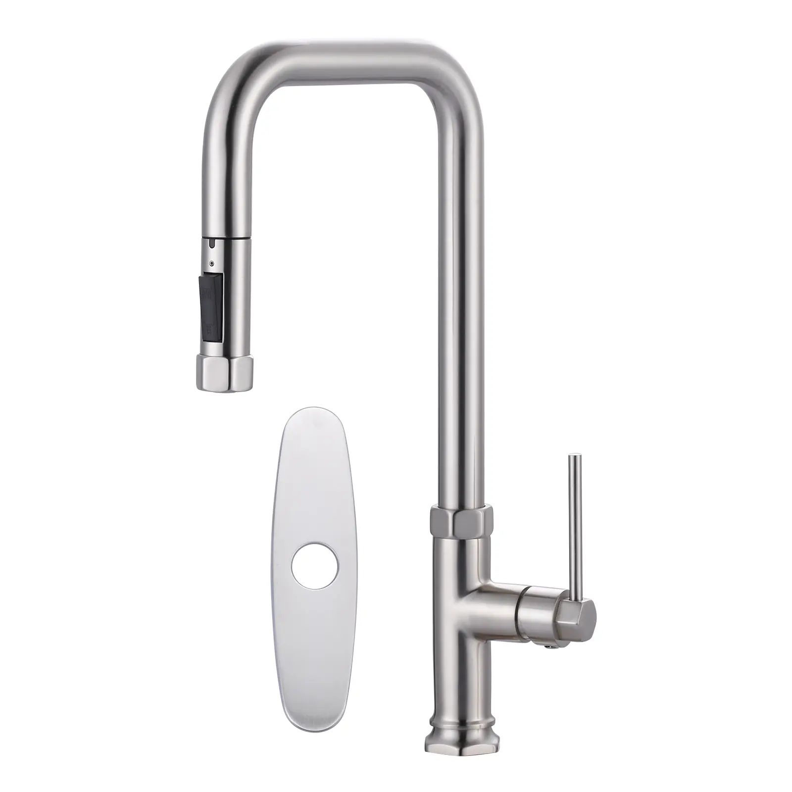 WOWOW Classic Glam Brushed Nickel Single-Handle Brass Pull-Down Kitchen Faucet - Dual-Function Sprayer, Spray/Stream Modes, Extended Reach, Includes Deck Plate, Modern French Country Style, Garden Compatible, Easy Installation, Durable, Deck Mount, Pull-D