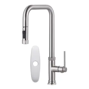 WOWOW Vintage Brass Body Single-Handle Pull-Down Sprayer Kitchen Faucet - Brushed Nickel Finish, Spray & Stream Modes, Included Deck Plate